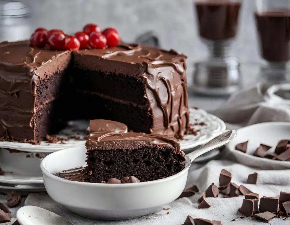 a chocolate cake slice in a bowl with a fork in front of a chocolate cake surrounded by chocolate pieces